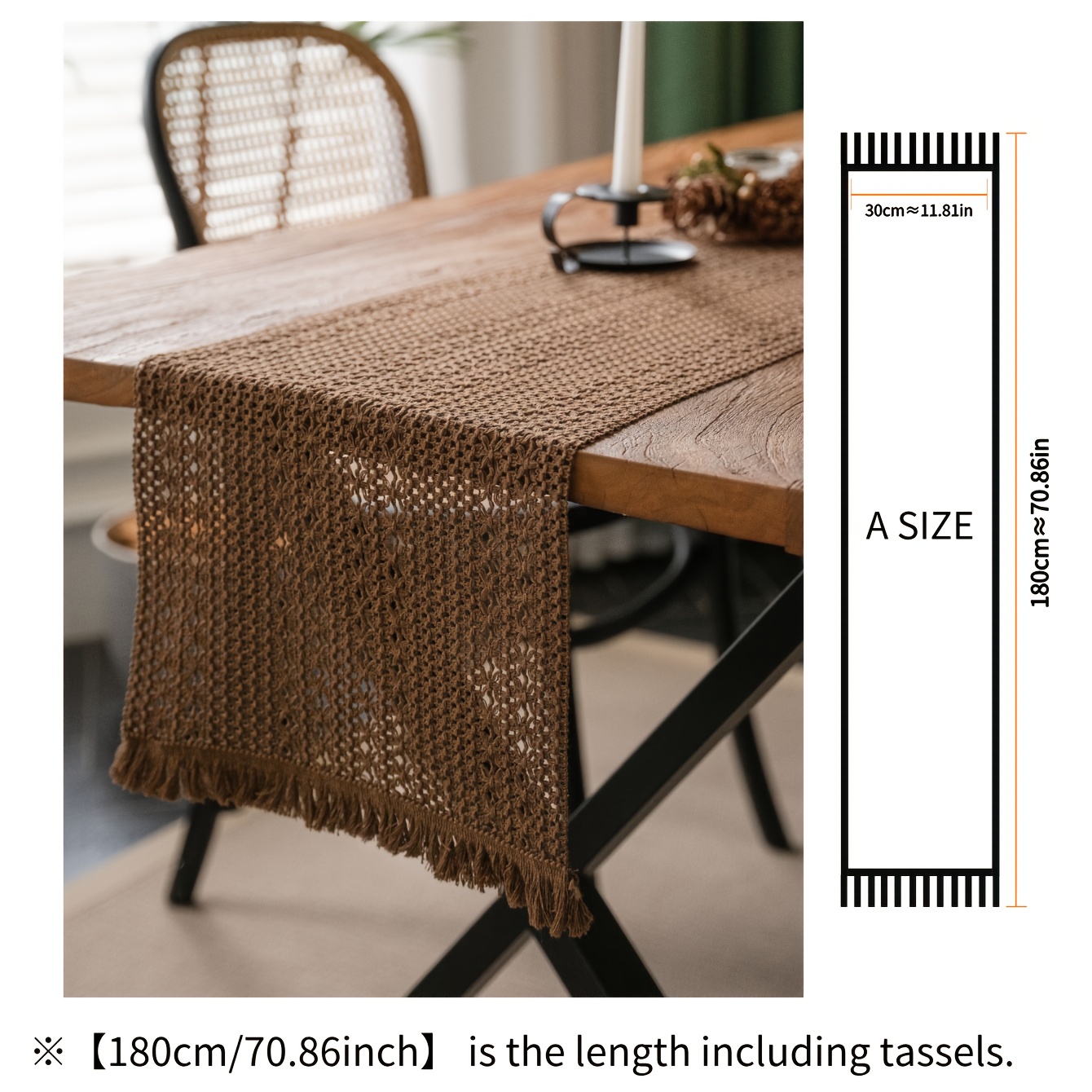 Image of A White Solid- Openwork Table Runner With Tassels, A Rustic-style Dining Table Decorative Fabric Tablecloth In Dark Brown, Green, White, And Black