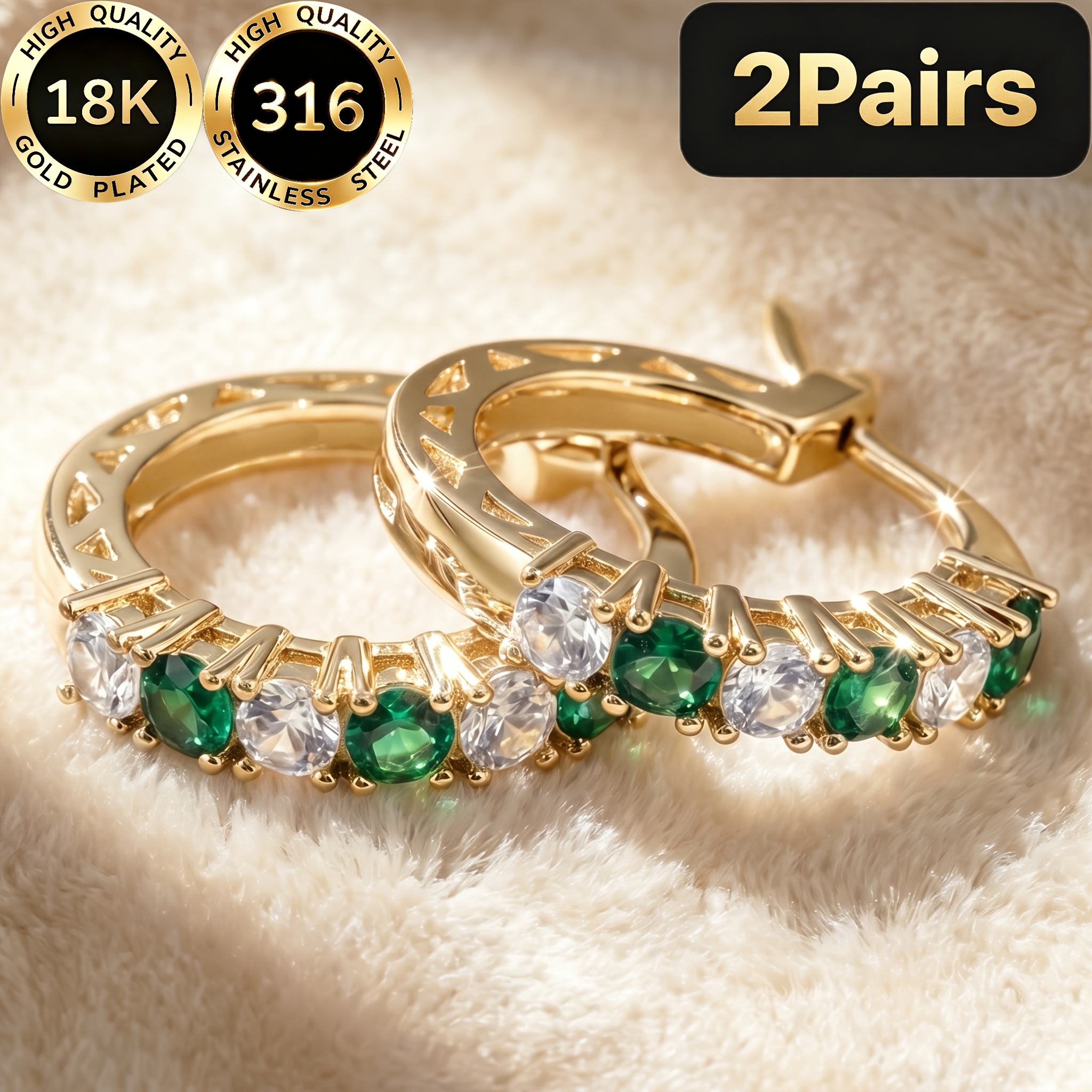 TEMU High-quality Steel 18k Golden Plated Hypoallergenic Facial Contouring Light Luxury Sparkling Green White Intercalated Synthetic Zirconia With