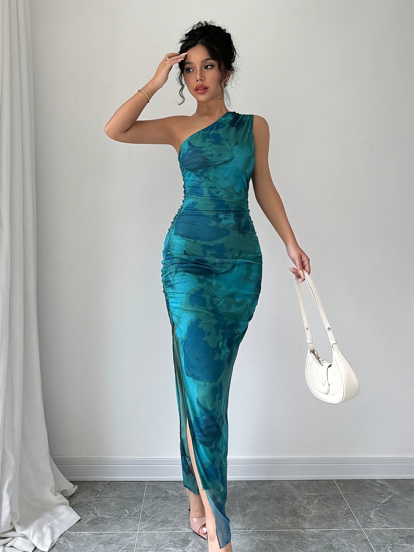 women's -inspired tie-dye mermaid dress - asymmetrical  one-shoulder/one-back strapless/off-shoulder neckline, long sleeve to short  hem ombre brown/beige/navy blue, machine washable spring summer wedding  guest party dress - women's clothing - Temu United