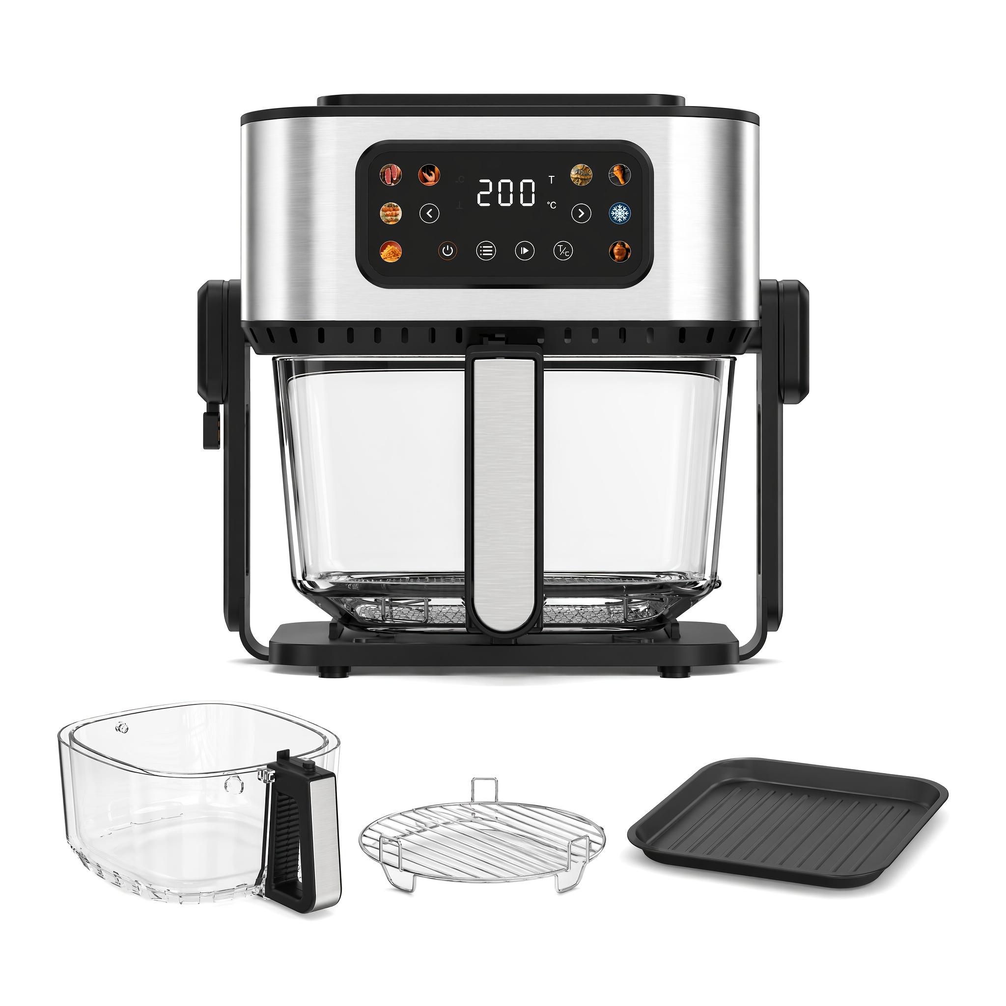 TEMU Tesslux 2-in-1 Oil-free Air Fryer & Electric Grill 1200w, 5.5qt Transparent Glass Basket With See-through Window, Touch Screen 8 For Steak Chips