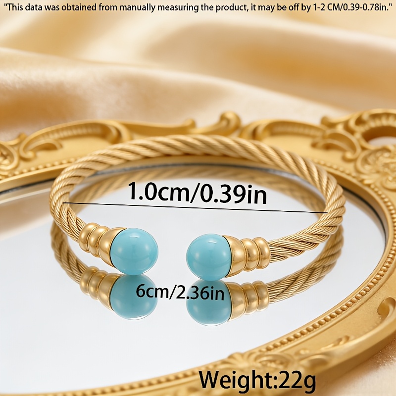 TEMU Bracelet jonc torsadé à extrémité ouverte avec des touches de perles bleues, un bracelet jonc torsadable en acier inoxydable pour femme adapté