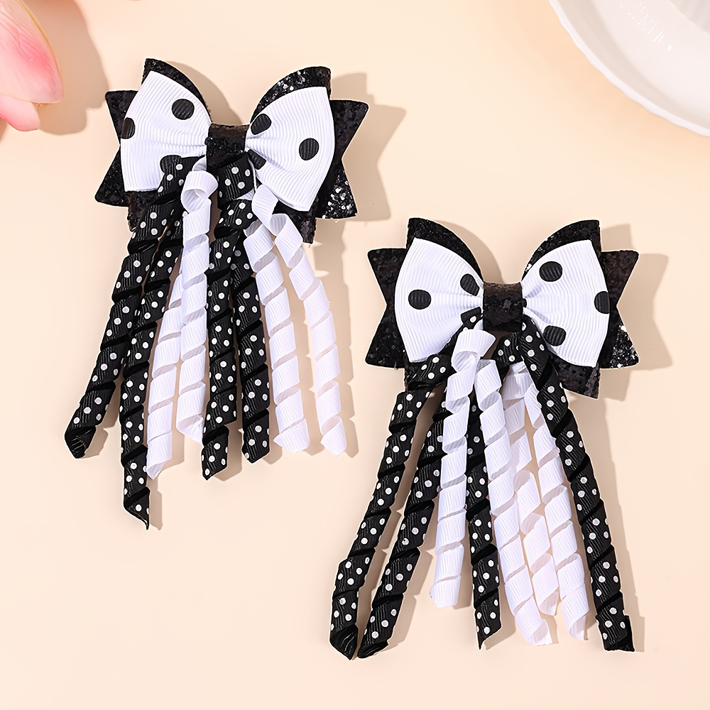 TEMU 2pcs Exquisite Black White Polka Dot Bow Hair Clips Chic Curly Ribbon Decor Hair Barrettes For Ladies Sparkly Glitter Hair Accessories Ideal For