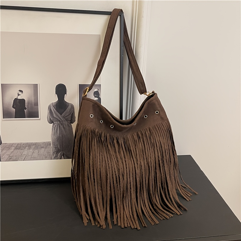 

Chic Tassel Shoulder Bag - Large Capacity, Brown Synthetic With Golden-tone Accents, Stylish Women’s Handbag For Use, Stylish Accessory | Bohemian | Synthetic Bag