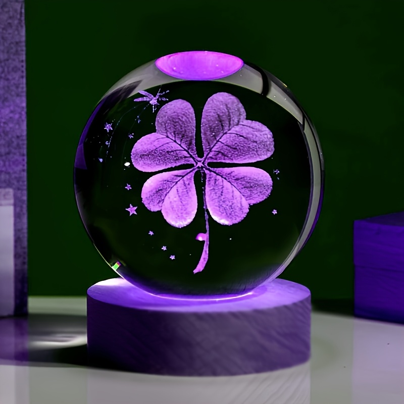 

1pc Clover 3d Crystal Ball Night Light - Led Holographic Glass With Solid Wooden Base, Usb Powered & Adjustable , Ideal For Home Decor & Gifting On Birthdays, Christmas, Valentine's Day