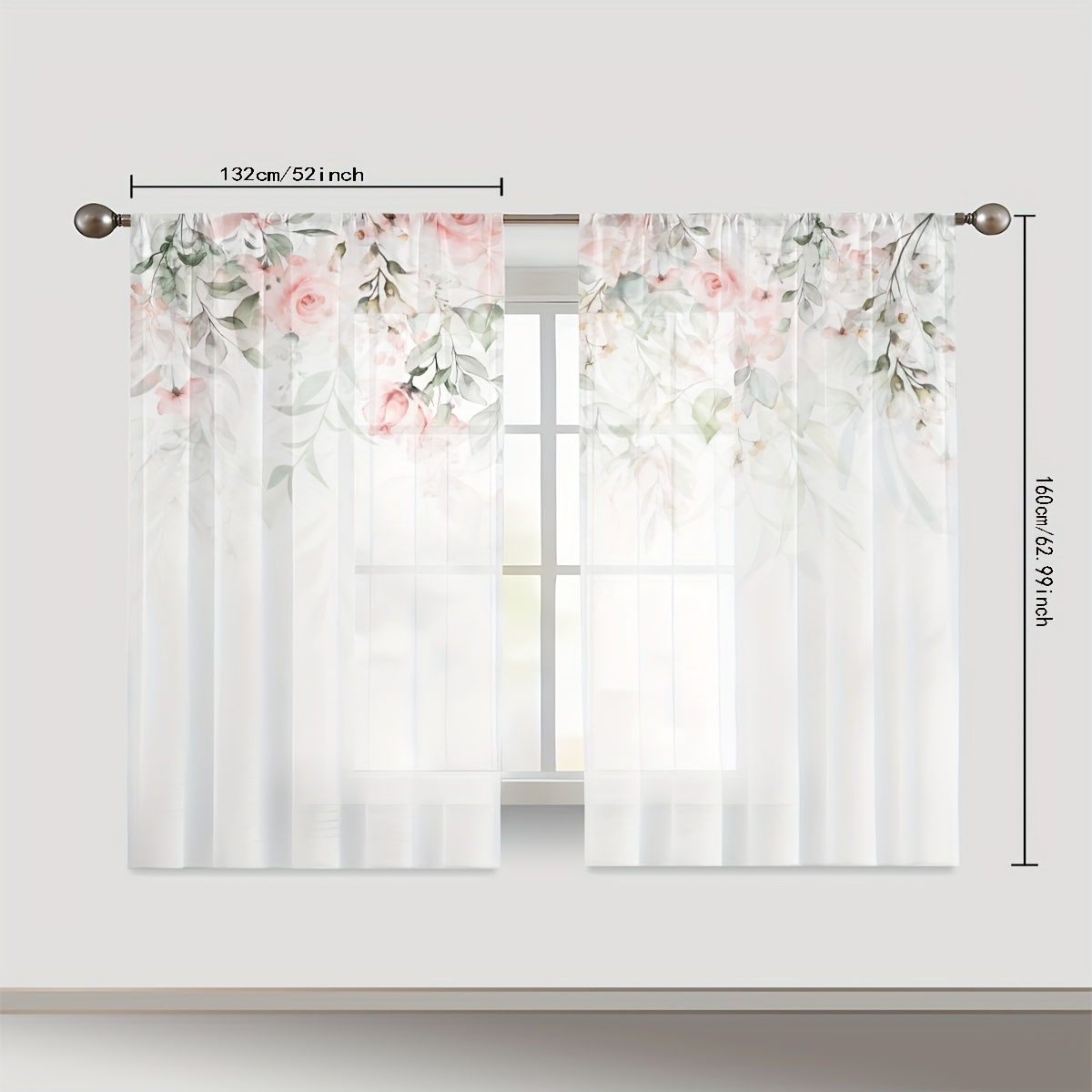 TEMU Juego de 2 cortinas de gasa con flores y pintadas a , cortina de barra, cortina para y dormitorio, decoración de habitación, decoración para