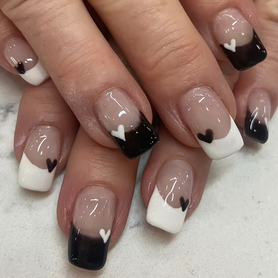 Image of 24pcs Medium-length Square Glossy 2025 Valentine's Day Nail Art Set, And White Contrast , Simple Elegant Sweet Cool High-end Detachable Reusable Press-on Nails For Women And