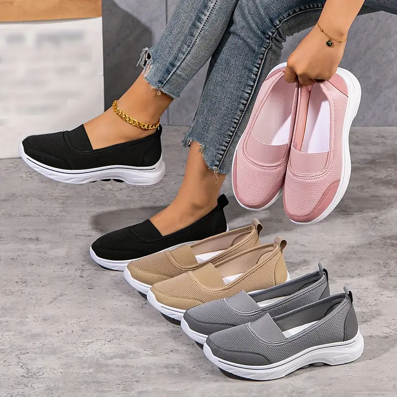 womens spring casual slip on sneakers comfortable solid color mesh fabric shoes non slip soft pvc sole low top plain toe walking shoes for middle aged and elderly details 10