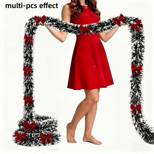 2-piece Set with Red Bows, Dark Green and White Snowflake Christmas Garland Decor, Non-lighted Artificial Wreath, Suitable for or Indoor Use, High-quality Soft Green Holiday Decoration, Suitable for Indoor/ Holiday Decor, Fireplace