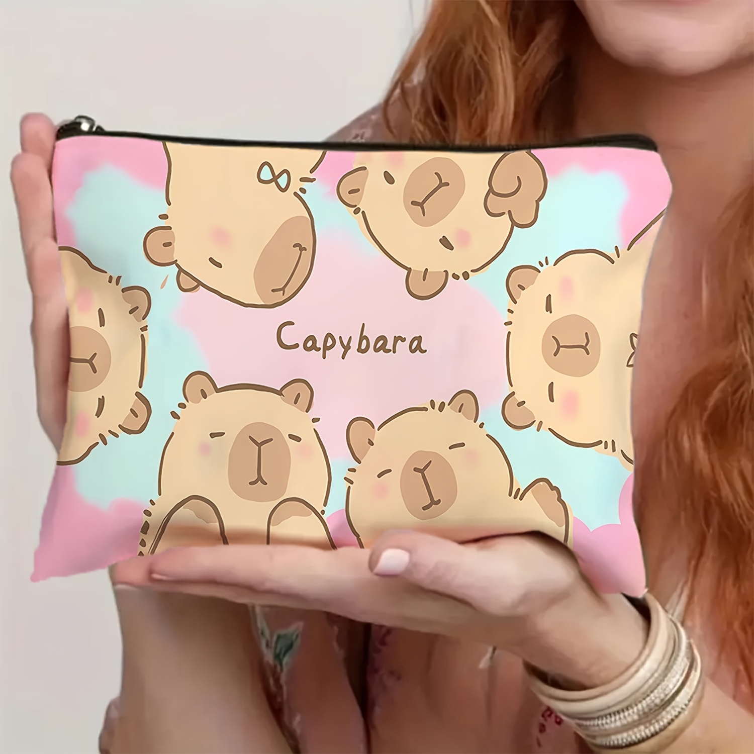 TEMU Cute Capybara Makeup Bag, Durable And Non-fading Double-sided Printed Zipper Bag, Lightweight And Foldable Storage Bag, Multifunctional Large