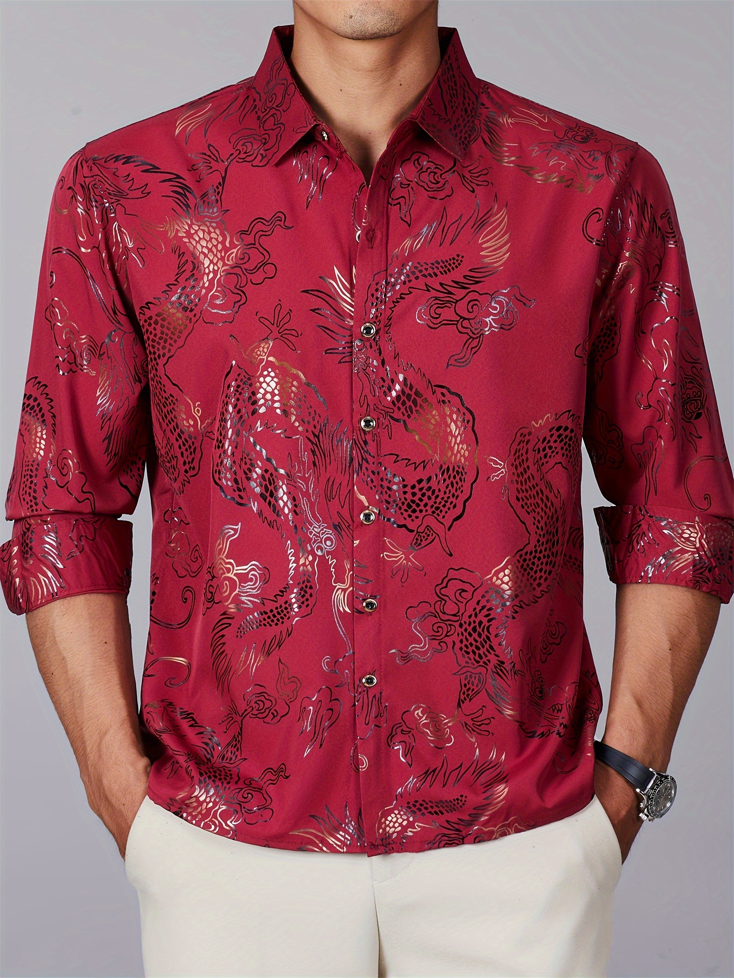 mens casual dragon print long sleeve shirt polyester 100 Temu