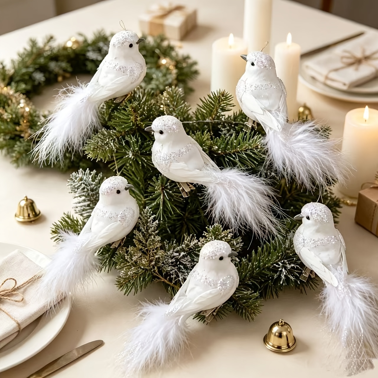 TEMU Lot de 6 pinces oiseaux en plumes à paillettes blanches, oiseaux décoratifs réalistes de (5,51 pouces) pour guirlandes et branches d'arbre de