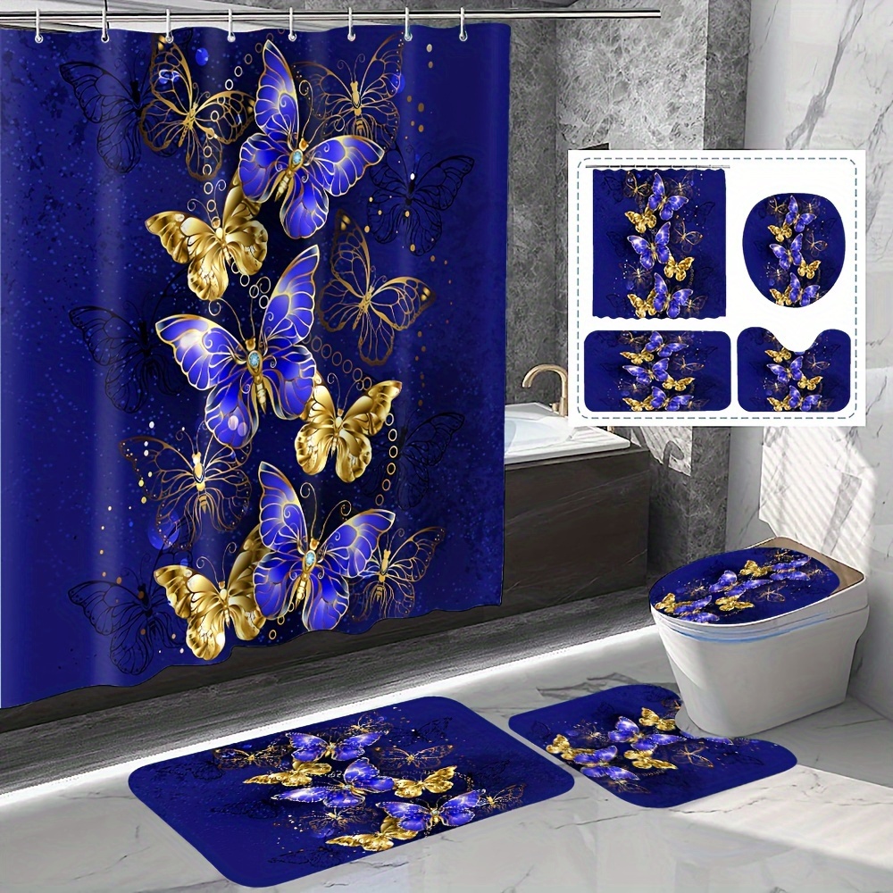 

1/4pcs Blue Golden Butterfly Print Shower Curtain Set, Waterproof Anti-mold Bathroom Shower Curtain With Non-slip Rugs, Toilet Lid Cover, And Bath Mat, Easy Install With C-type Hooks, Bathroom Decor
