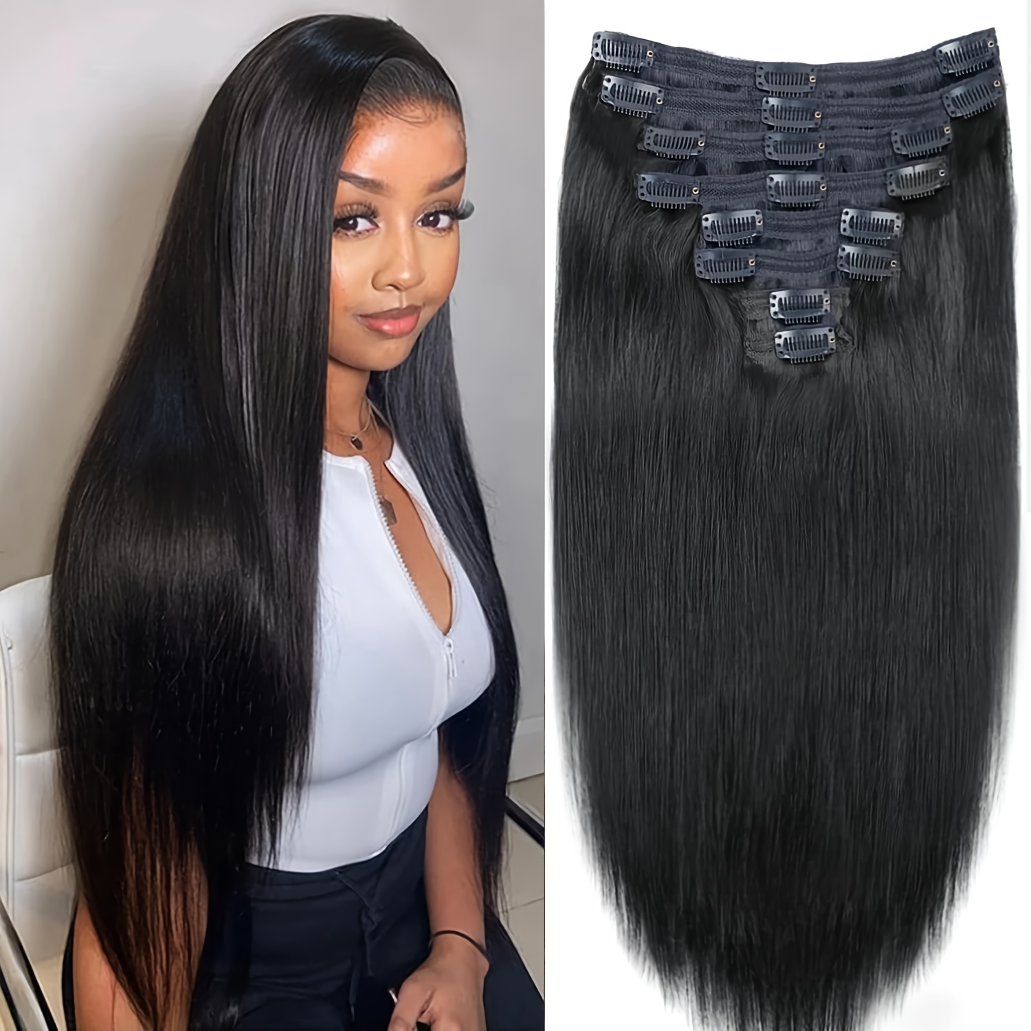 

120g 8pcs/set 100% Remy Human Hair Straight Clip In Hair Extensions - Natural Black Color - 12-24inch Available - Full Head For Women - Long Lasting And Durable Hair Clips Hair Accessories