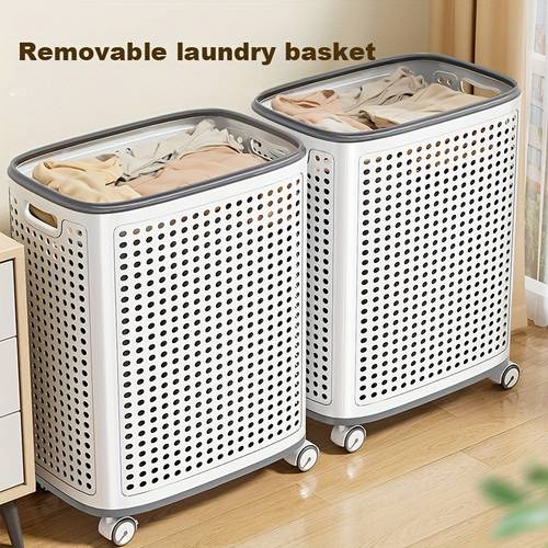 rolled laundry basket with wheels white and grey plastic baskets with ventilated sides suitable for storing clothes and towels portable storage solution for dormitories bedrooms and bathrooms laundry room accessories laundry basket for
