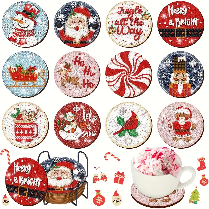 Image of 12pcs Diamond Painting Coaster Set With Bracket, Adult Diy Christmas Series Coaster Set, Perfect Artistic And Handmade Gift For Father, Mother, Grandparents