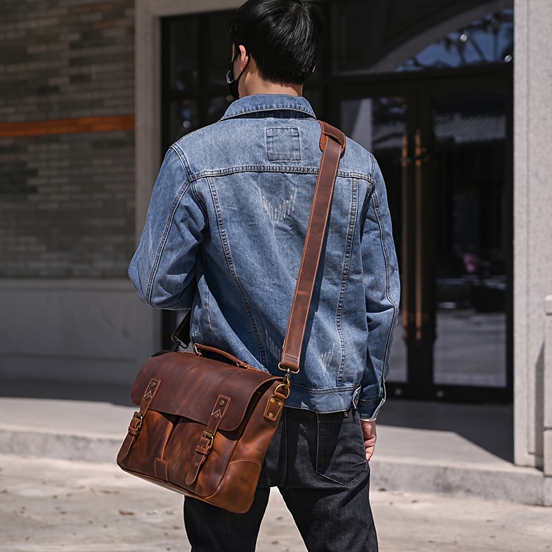 Maletín de Cuero Vintage para Hombres y Bolso Mensajero Portátil Bolsa  con Cierre, Herrajes Dorados, 14 Pulgadas Tablet Computadora Notebo