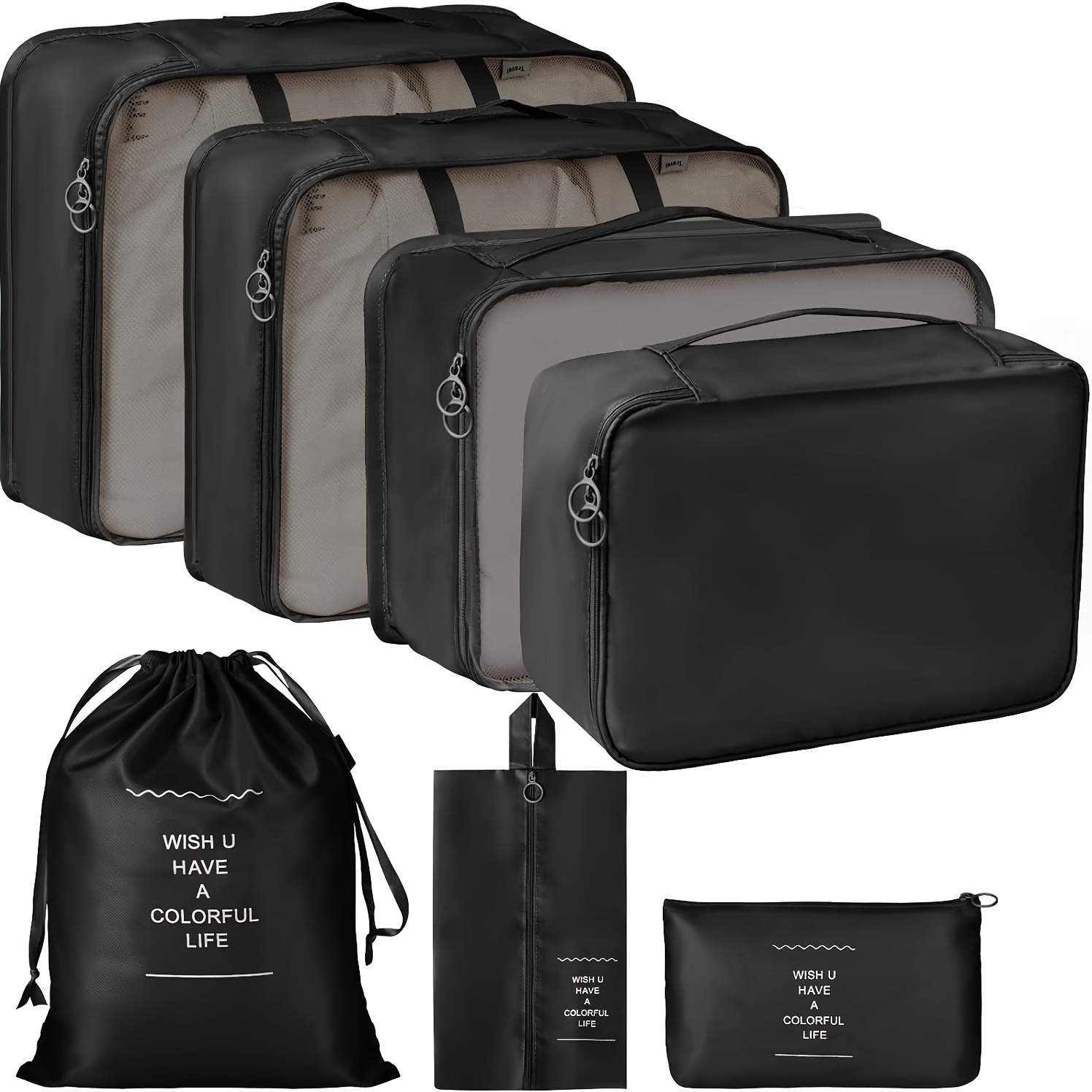 

7pc Travel Organizer Set: Casual Style Polyester Packing Cubes For Clothes And Shoes, Etc, Versatile Solid Color Luggage Bags