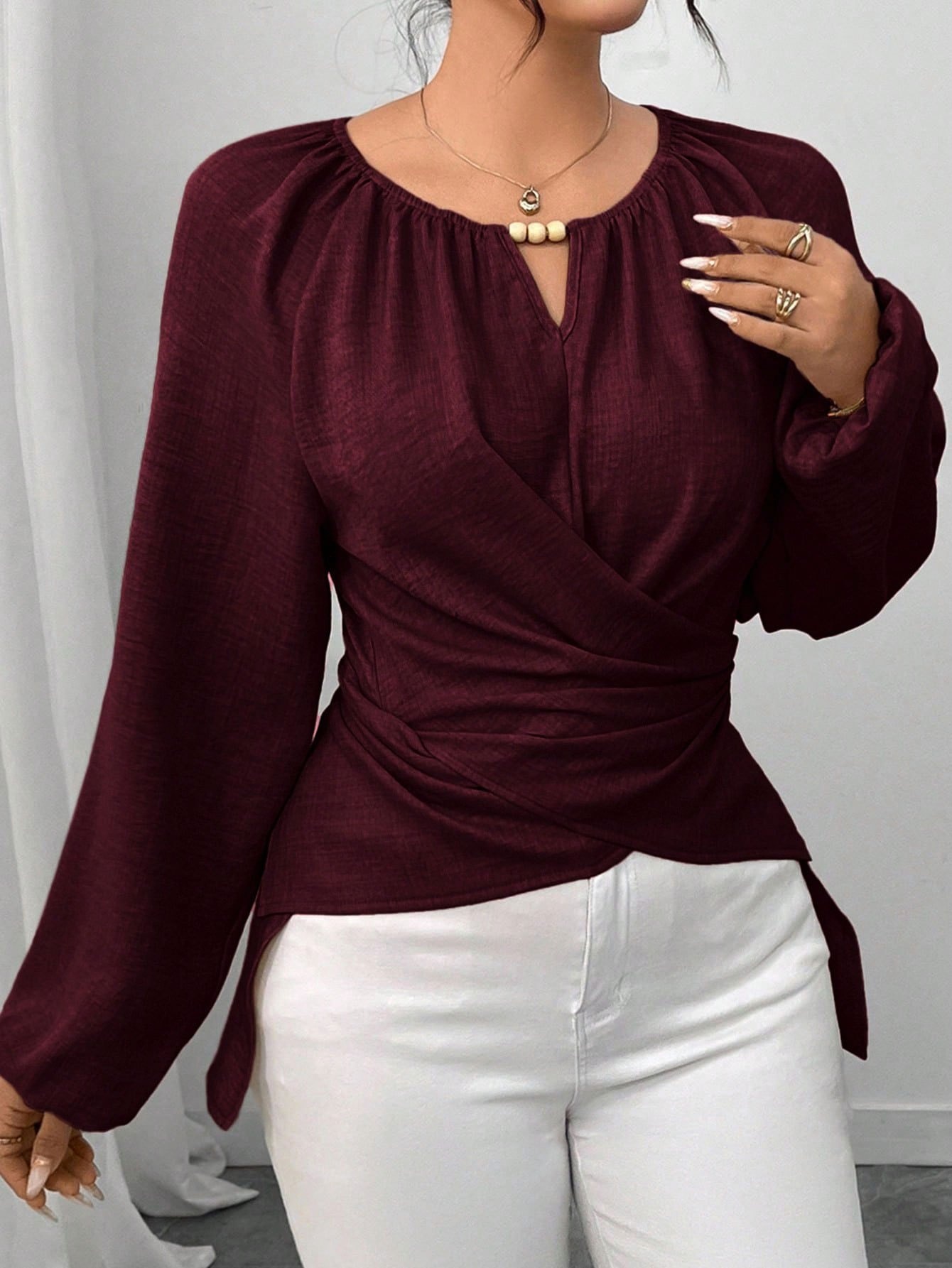 Women'S Beaded Wrap-Style Waist-Cinching Shirt