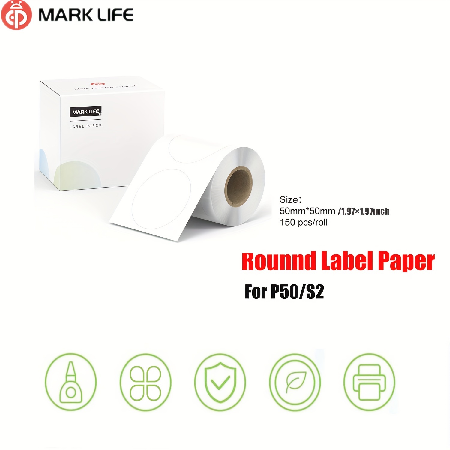 

Marklife Thermal Label Paper Roll, 150 Sheets, 1.96" X 1.96" (50x50 Mm), Round Sticker Labels For Diy, , School Name Tags, Office Stickers, Compatible With P50, , , S2 - No , No Battery Required