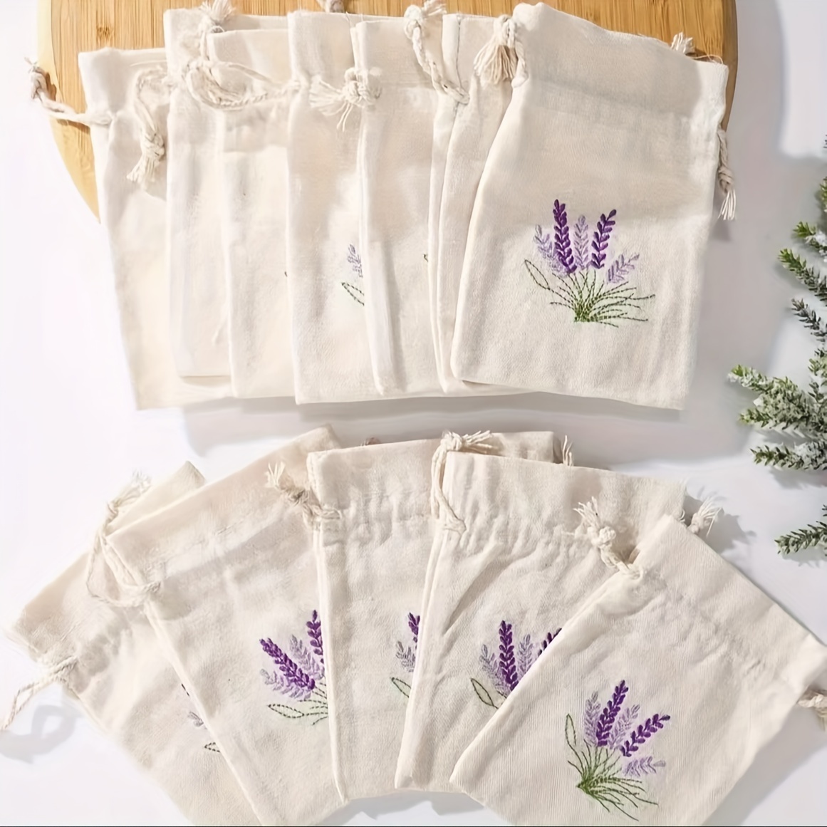 TEMU 12 piezas/juego, bolsa de lona bordada de lavanda, bolsillo de paquete con cordón compacto para hornear joyas, almacenamiento de joyas, bolsa de recuerdo para fiestas de