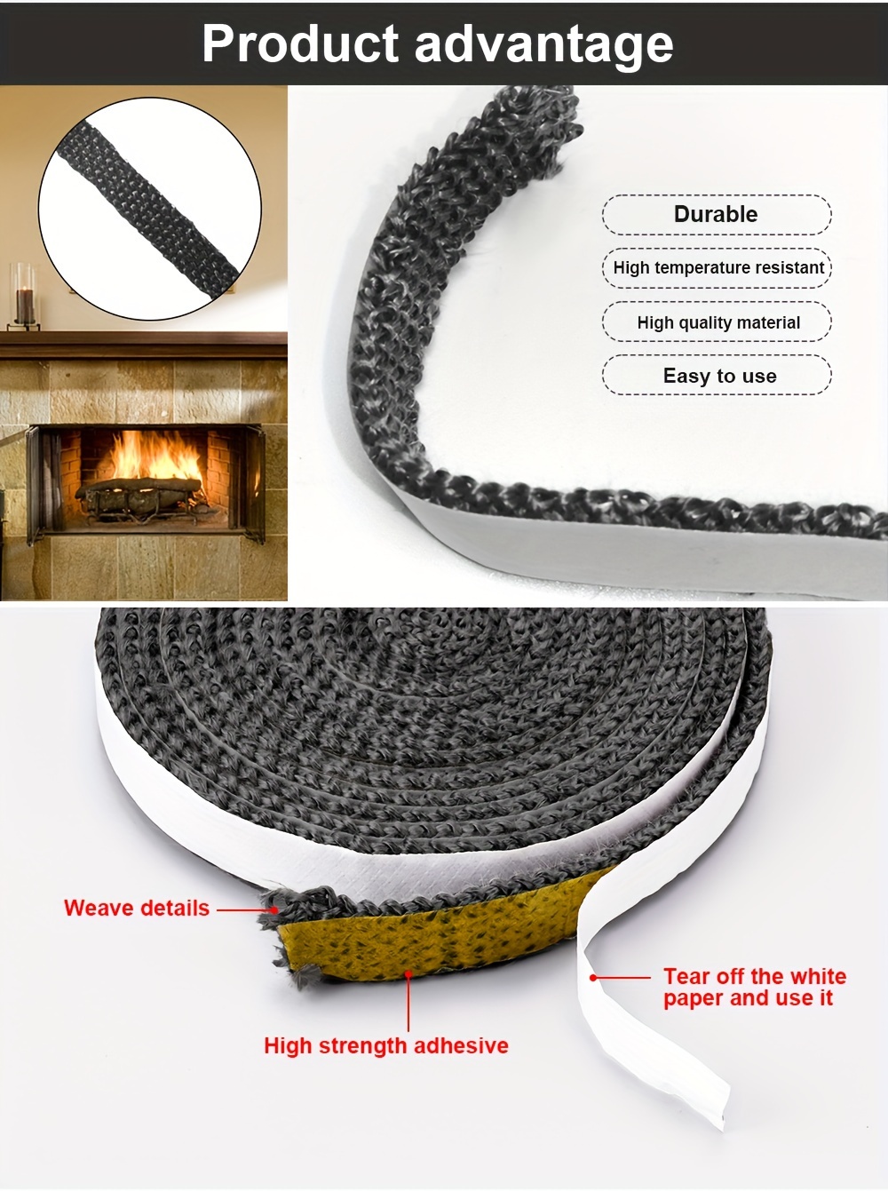 2m   fiberglass fireproof seal rope high temperature resistant glass fiber gasket for wood burning stove door fireplace sealing tape oven sealing strip details 1