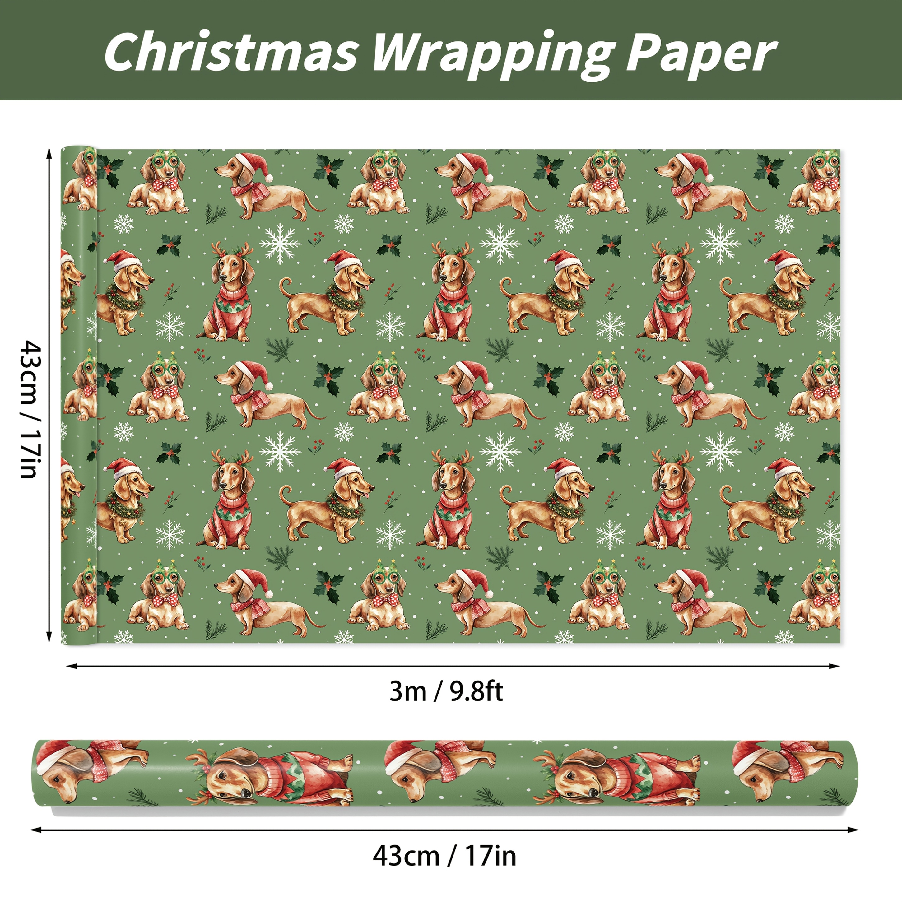 Image of 1 Roll Christmas Dachshund Wrapping Paper Roll - 17 Inches X 9.8 Feet - Dachshund Dog And Red Bow Wrapping Paper For Christmas, Holiday, Party Celebration