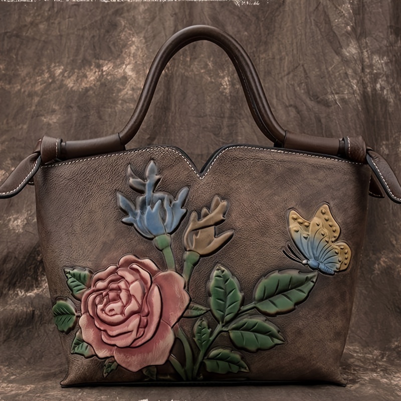 Romantic Vintage Floral Leather Handbag - Spacious Tote with Rose & Butterfly Embroidery - Genuine Leather, Versatile Shoulde...