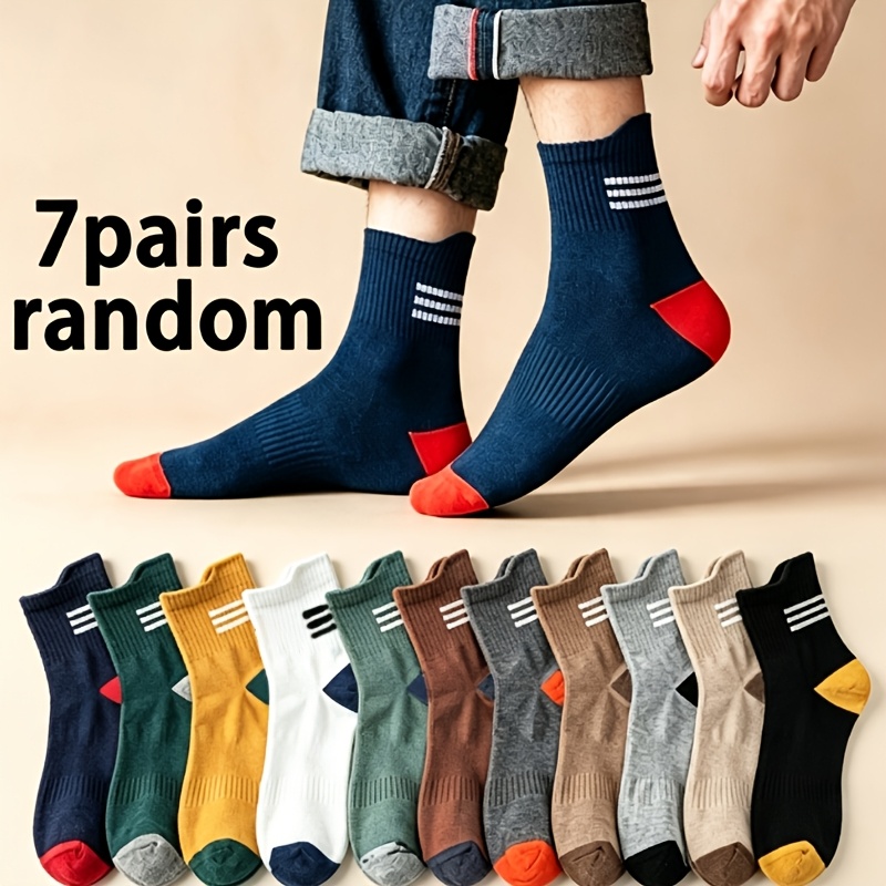 TEMU Random 7 Pairs Unisex All-match Tielong -block Heeled Mid-calf Socks, Casual Easy Indoor Outdoor Waist-cinching Tielong Long Socks