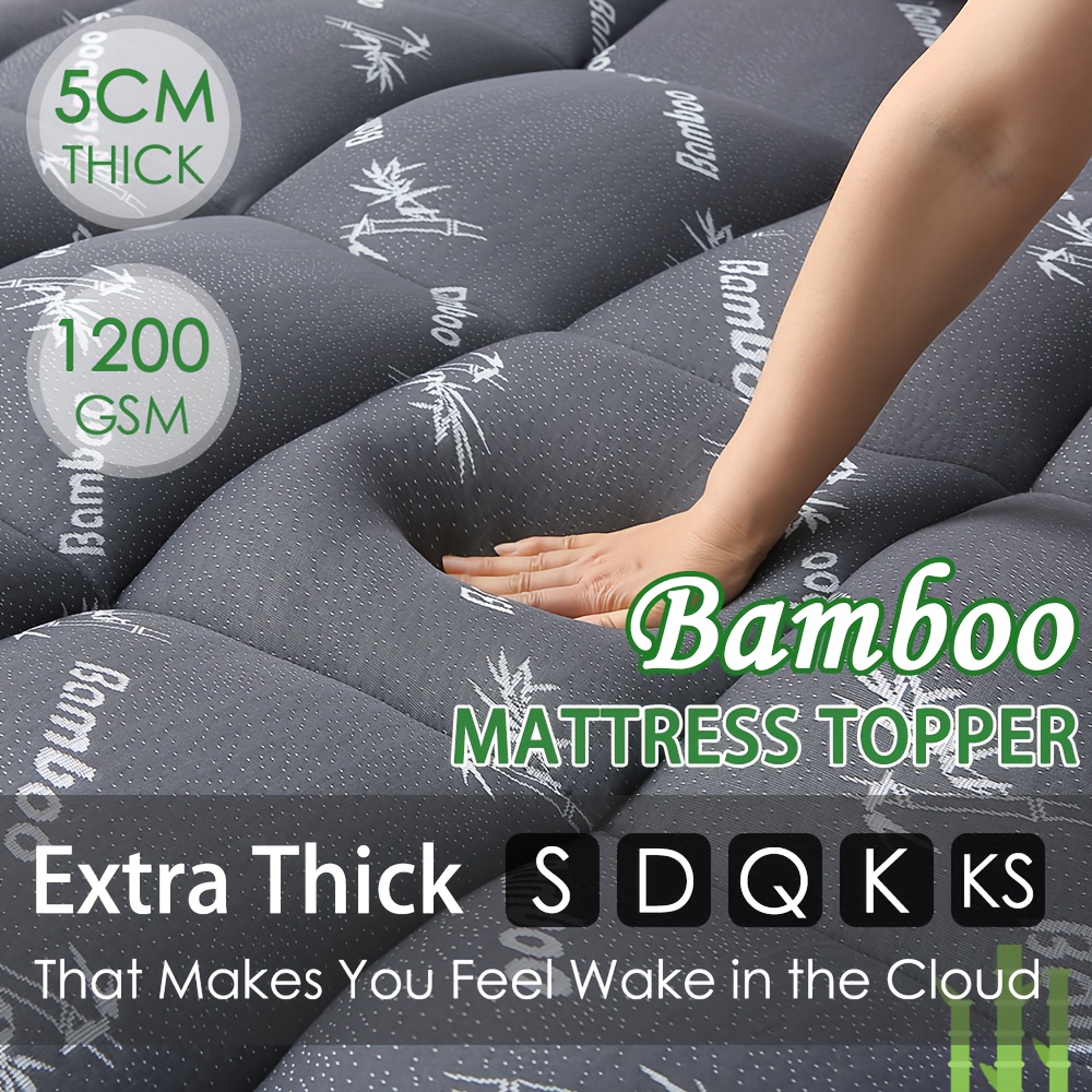 TEMU 1pc Topper - 1200gsm Bamboo Fiber Filling - Cooling & - Ideal For Hot Sleepers - Hotel Quality - Pillow Top Mattress Cover - Machine Washable -