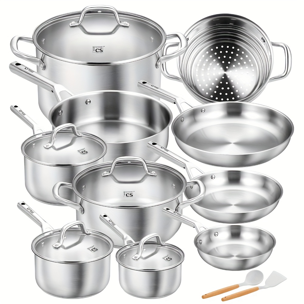 TEMU 17pcs Stainless Steel Cookware Set, 17pcs Stainless Steel Pots And Pans Set For , Stainless Steel Kitchen Set Suitable For All Stoves, Induction
