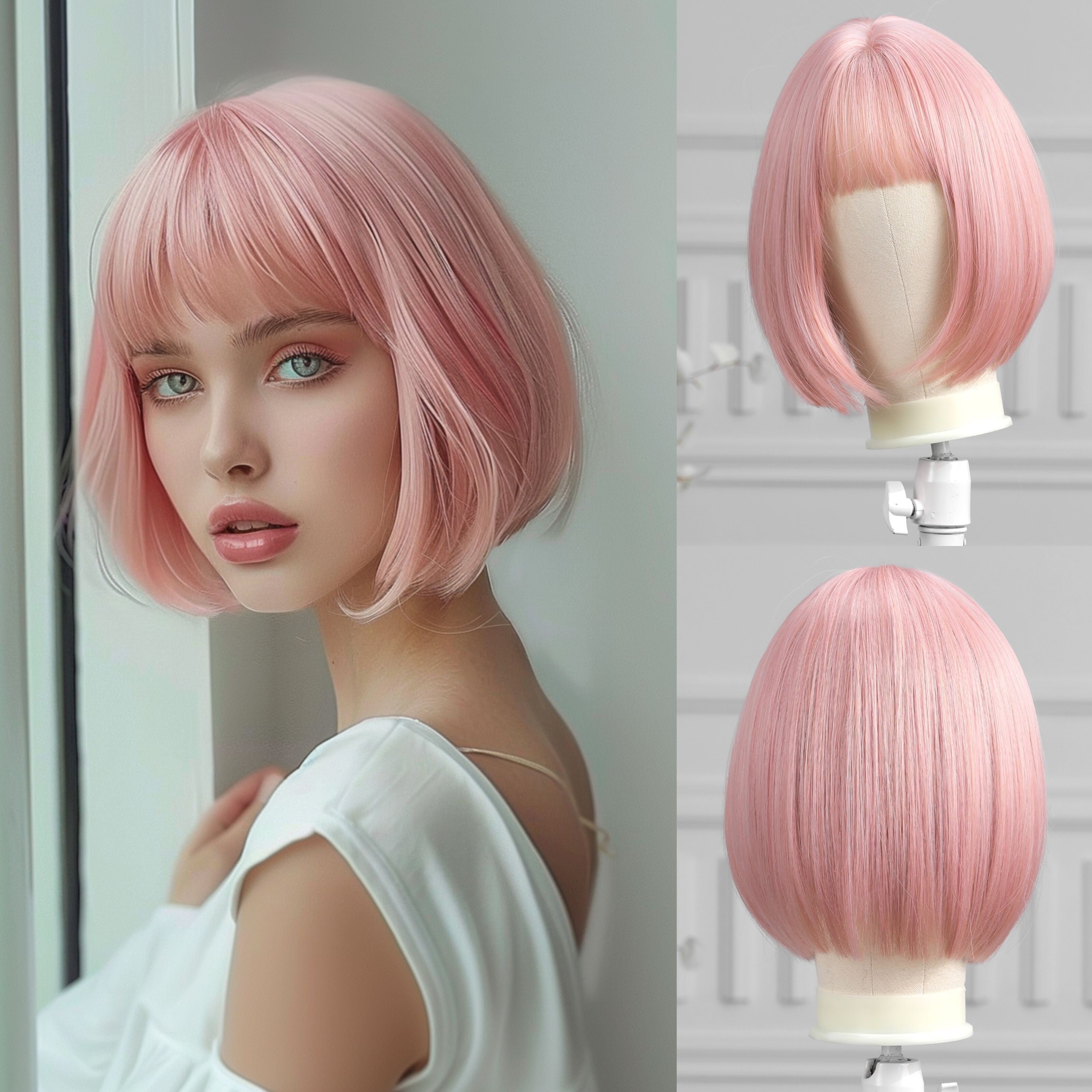 

Elegant Light Pink Bob Wig With Bangs For Women - 12 Inch, High-density Synthetic Hair, Perfect For Daily Wear & Parties Wigs For Women Short Wigs For Women