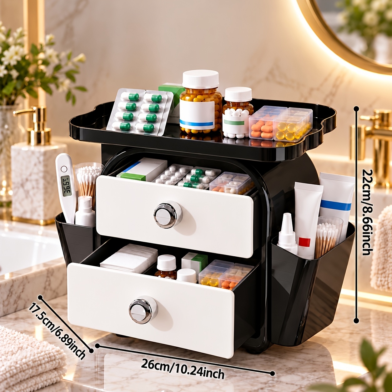 TEMU Armoire à pharmacie à tiroirs de grande avec poches latérales, boîte à médicaments organisatrice pour salle de bain, armoire de rangement
