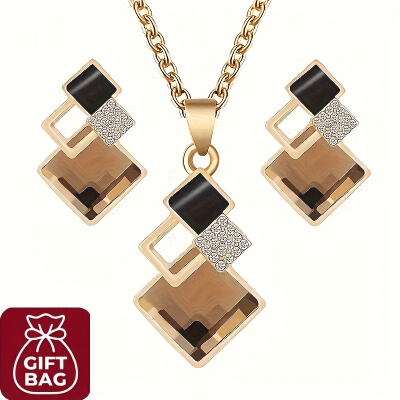 TEMU 1 Pair Of Earrings + 1 Necklace Vintage Jewelry Set[gift Bag]sparkling Square Design For Match With Daily Outfit Party Decoration- Jewelry -