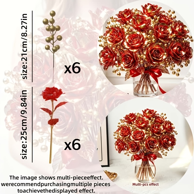 TEMU Set da 12 pezzi (6 pezzi di rose rosse placcate in oro e 6 pezzi di dorate). Materiale sintetico gamma. un' elegante e premium, per decorazioni