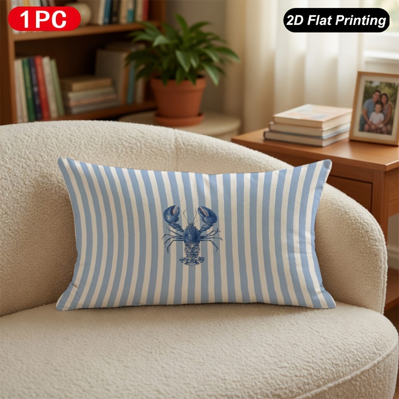 TEMU Housse de coussin lombaire 2D plate - 1 pièce, impression 2D plate, bleu et blanc à rayures, coussin pour intérieur et extérieur, décoration