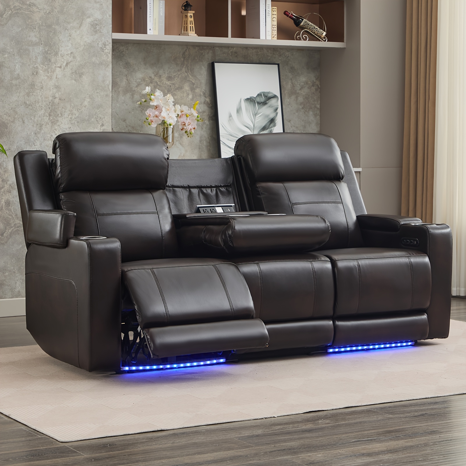   leather reclining couch dual   reclining sofa with power headrest led light armrest storage recliner sofa 3 seater for living room apartment bedroom