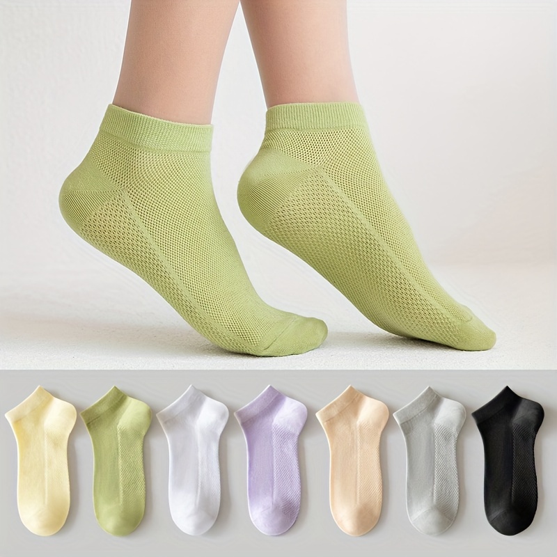 

7 Pairs Women's Breathable Mesh Ankle Socks, Summer Thin Low-cut Solid Color Comfortable Socks