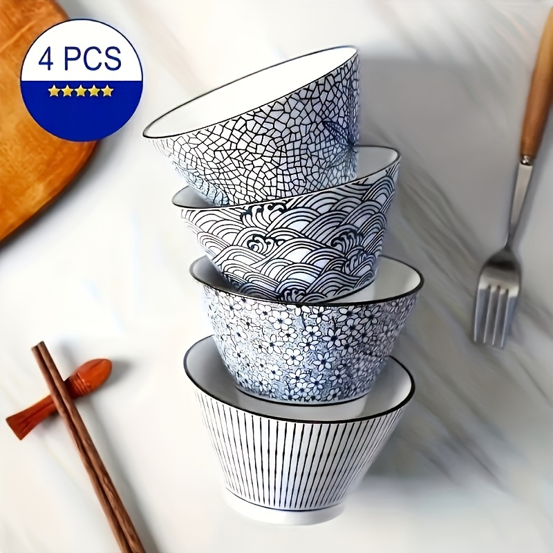 4pcs Handmade Ceramic Bowl Set, Underglaze Color, Japanese-style Ramen, Beef Noodle, Rice Soup, Tableware, Dishwasher And Microwave Safe