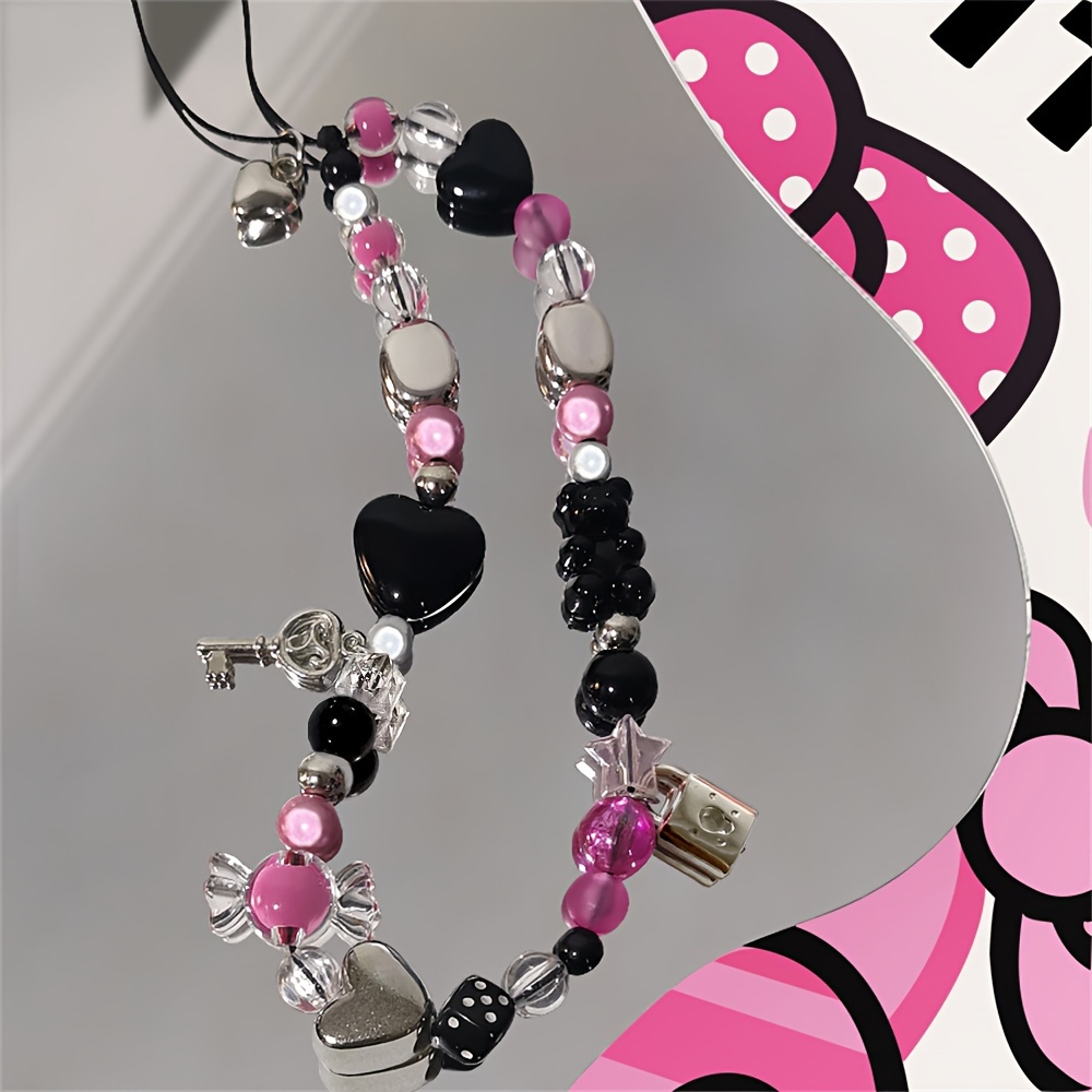 Black & Pink Beaded Matching Charm Bracelets Nana Inspired Bow Bear Keylock  Handmade Coquettish grunge Bracelet y2k - AliExpress