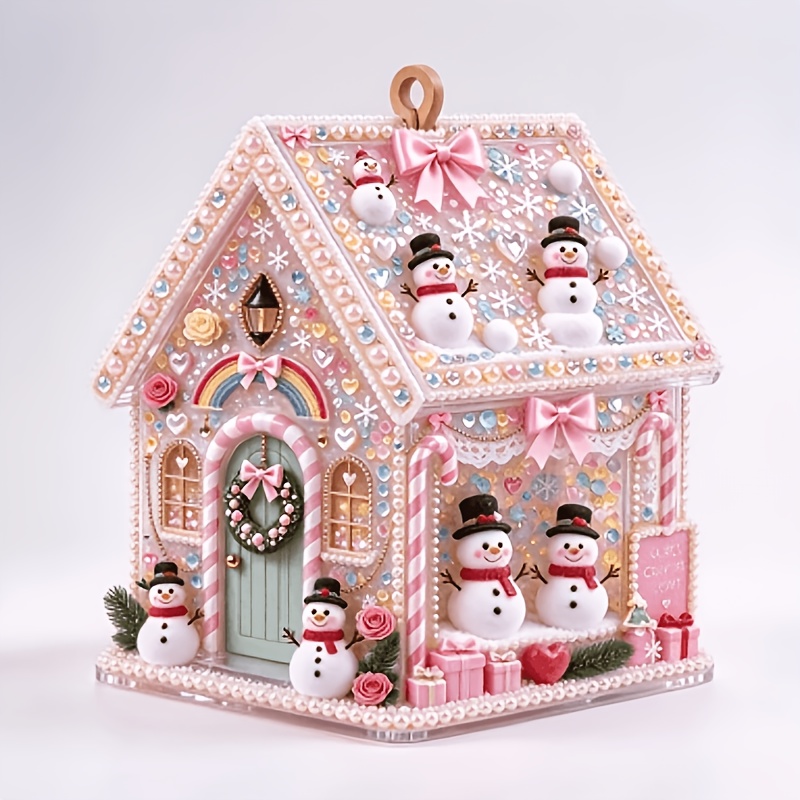 TEMU A 3d Pearl Painting Wooden House, Christmas Snowman Diamond Painting House Kit, Pink Candy Cottage Pearl And Rhinestone Handcraft Set, Christmas