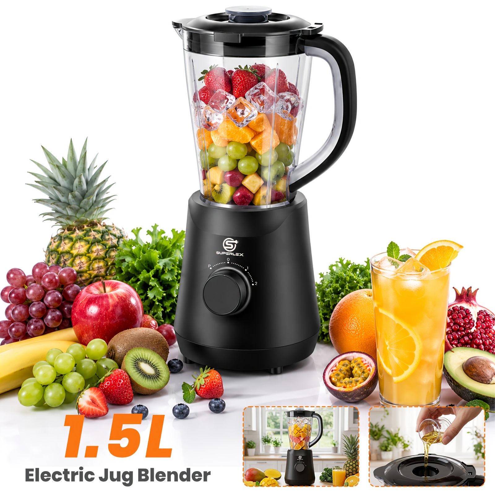 Image of Superlex 500w Electric Blender With 2 And Control, 1.5l Plastic Jug, Removable Central Measuring Cup, Household Mixer For Smoothies, Shakes, Sauces, And Daily Home Drinks, Easy To Clean