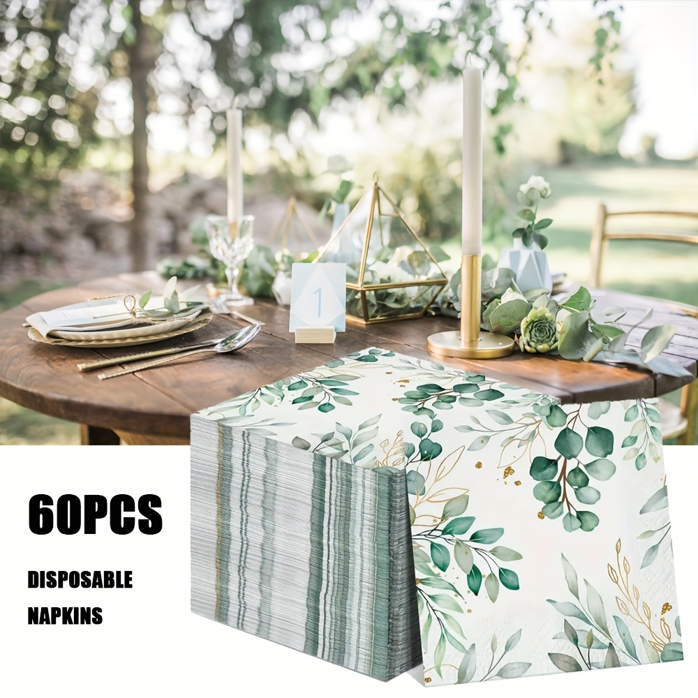 

60pcs Elegant Eucalyptus & Disposable Napkins - 2-ply Soft, Absorbent Paper Guest Towels For Parties, Weddings, Birthdays, Showers - Chic Green & , Tear-resistant, 13x13 Inches