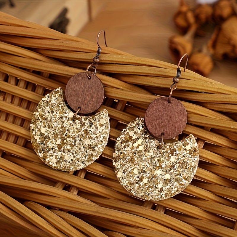 Cross-border Vintage Creative New Style Golden Sequin Small Round Wood Earrings