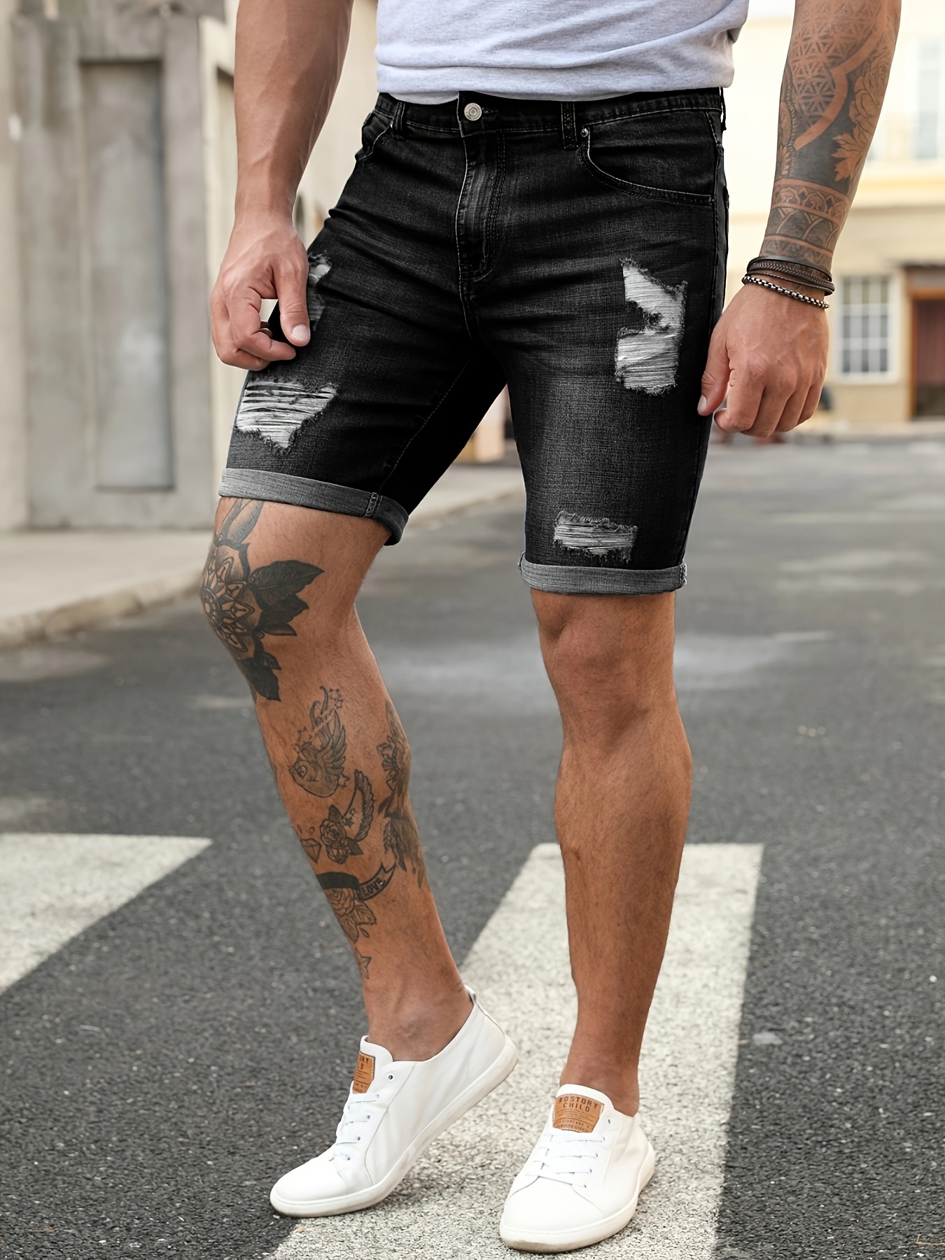 Men's Fashion Stretch Ripped Denim Shorts Casual Slim Fit - Temu Australia