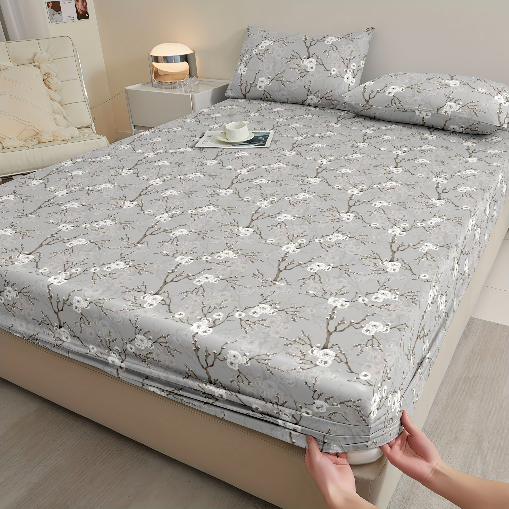 Fitted Sheet Three-Piece Set - 3pcs Classic Ginkgo Pattern Mattress Protector Ten Sizes - 1- Fitted Sheet - 2- Pillowcase - No Pillow Core - Stylish Soft And Comfortable Bed Fitted Sheet - Skin-Friendly Breathable Bed Sheet Bedding - Suitable for Fa
