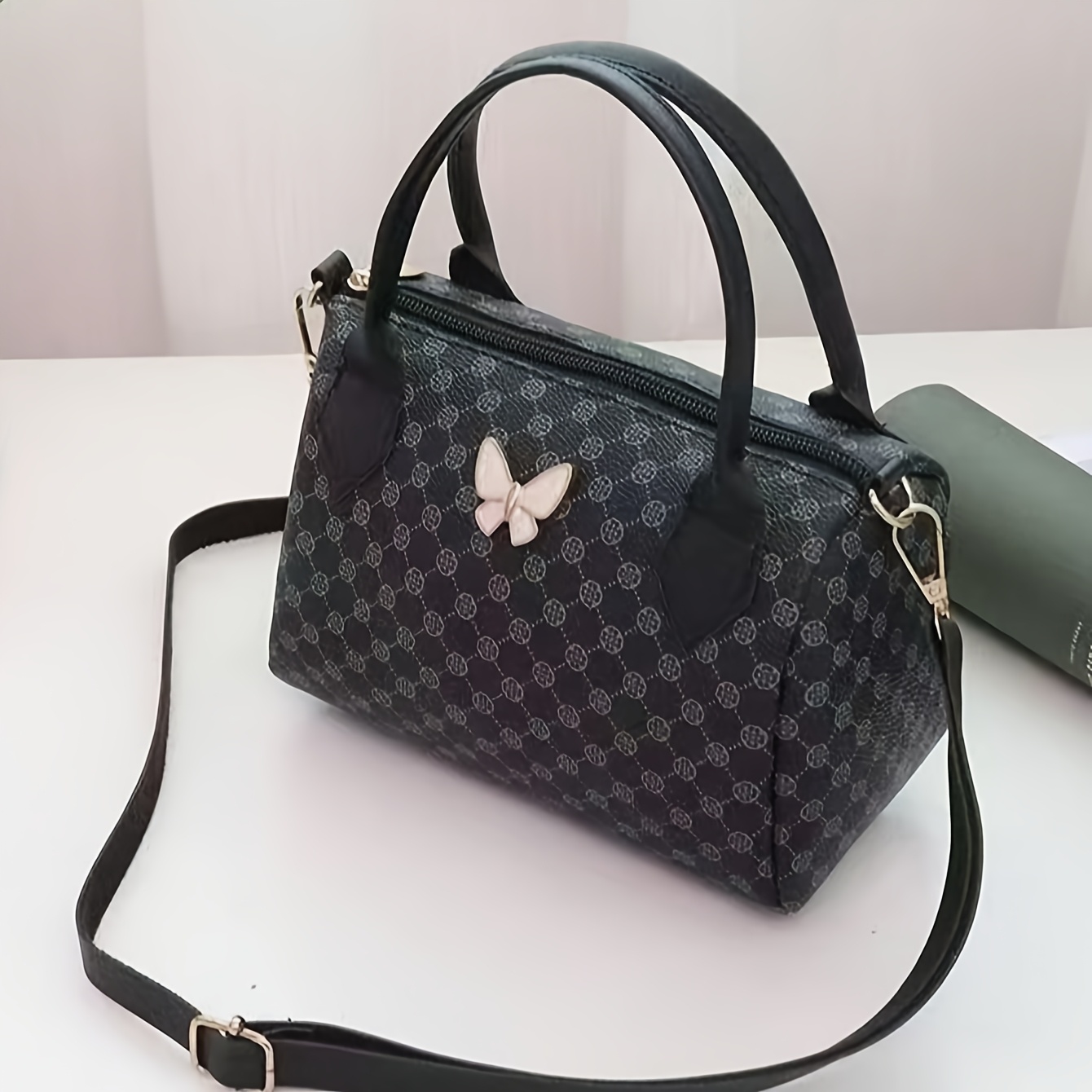 Image of Women's Small Handbag, Fashionable Vintage Print Makeup Organizer Pouch, Handbag Crossbody Bag, Women's Shoulder Bag, Polka Dot Boston Bag