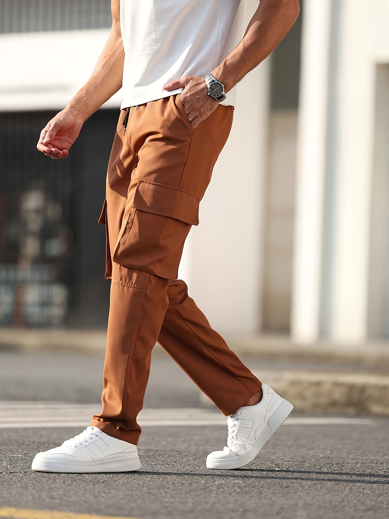 Durable Build *'s Autumn Twill Fashion Cargo Pants Beige Polyester,  Casual Outdoor Wear with Drawstring Waist and Multiple Pockets, Functional 