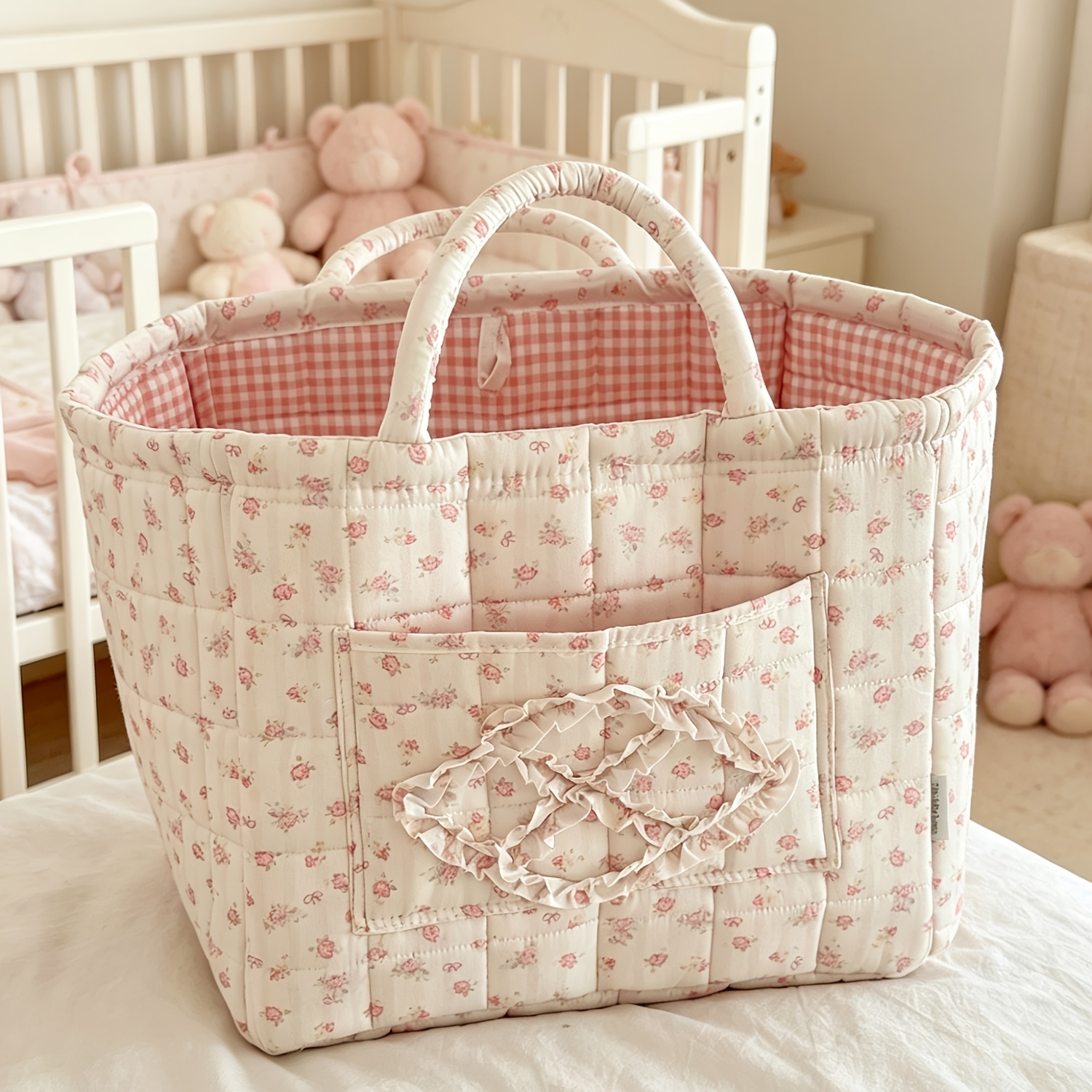 TEMU Floral Storage Basket Fashionable High Aesthetic Home Fabric Foldable Hand-carry Large Capacity Laundry Basket Home Diapers, Clothing And