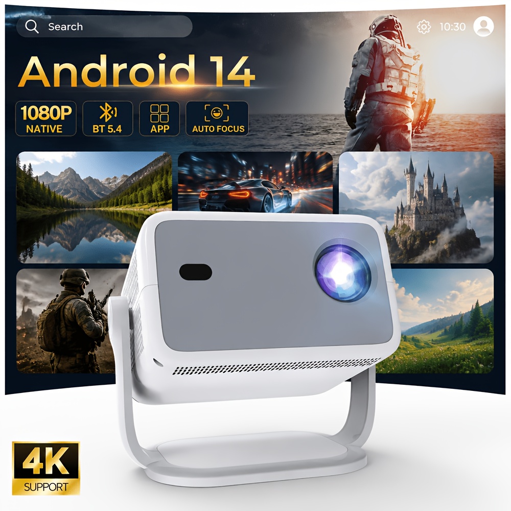 TEMU Local 1080p Hd Portable Smart Projector, Supports 4k, Android 14, Wifi6 & Bt 5.4, 360° Rotation, 650ansi Auto Focus Keystone Correction, Auto