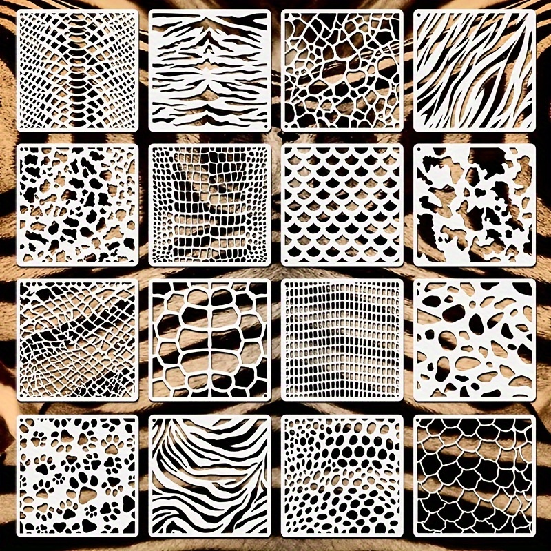 

16-pack Animal Print Stencils, Reusable Plastic Templates For Diy Painting Crafts, Dermatoglyphic Patterns For Wall Canvas, Furniture Home Decor - Assorted Designs